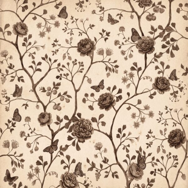Sepia Rose Trellis, floral trellis with butterflies in brown and cream wallpaper - Wallpaper Online Canada