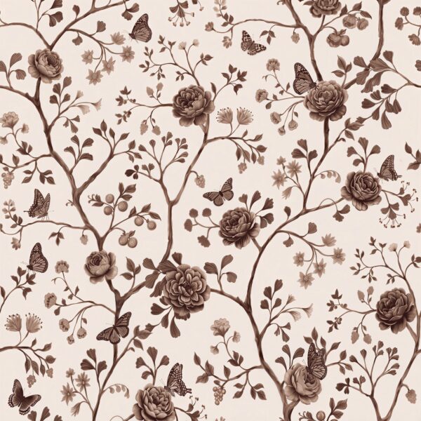 Orchard Trellis Rosewood, floral trellis branches with butterflies in rosewood and cream wallpaper - Wallpaper Online Canada