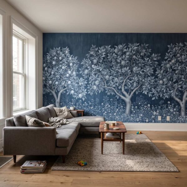 Orchard Tapestry Mural Delft shown in a living room