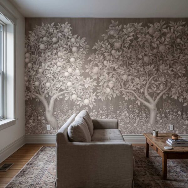 Orchard Tapestry Mural Ivory shown in a living room
