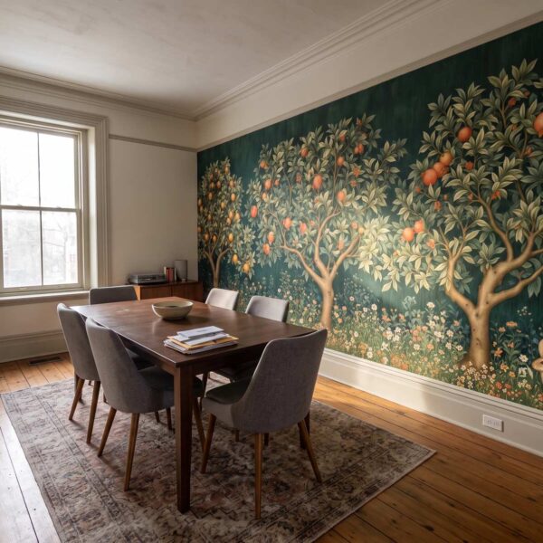 Orchard Tapestry Mural Natural shown in a dining room