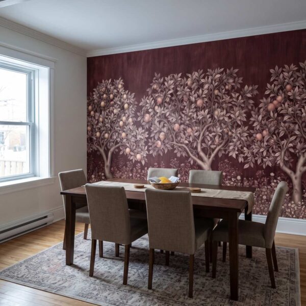 Orchard Tapestry Mural Oxblood shown in a dining room