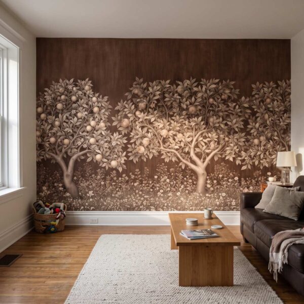 Orchard Tapestry Mural Sepia shown in a living room