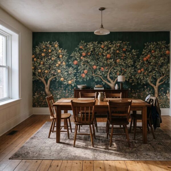 Orchard Tapestry Mural Soft Colour shown in a dining room