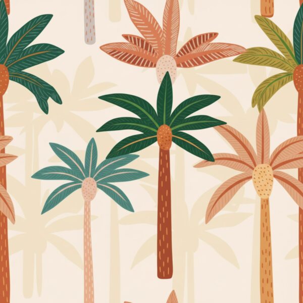 Rainbow Palm Grove, palm trees in green, terracotta and teal wallpaper - Wallpaper Online Canada