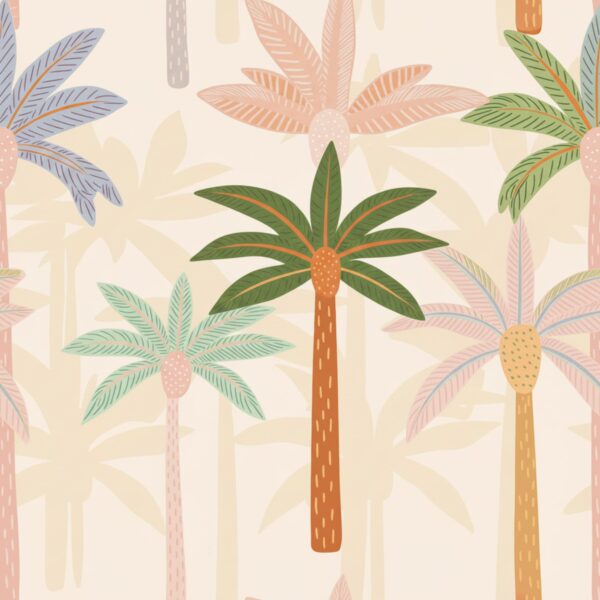 Pastel Palm Grove, palm trees in sage green, blush pink, dusty blue and rust orange wallpaper - Wallpaper Online Canada