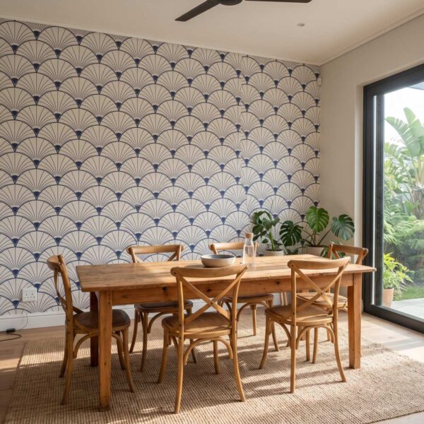 Palm Fan Mural Delft shown in a living room