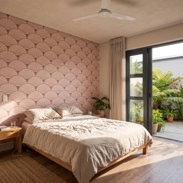 Palm Fan Mural Blush shown in a living room