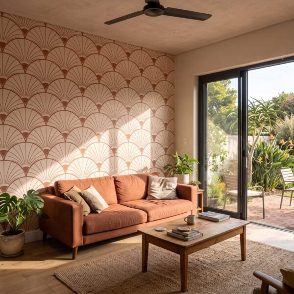 Palm Fan Mural Terracotta shown in a living room