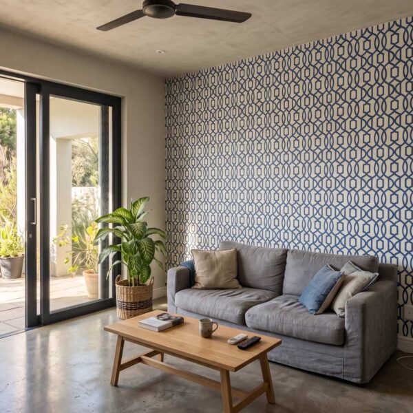 Pizazz Trellis Delft shown in a living room