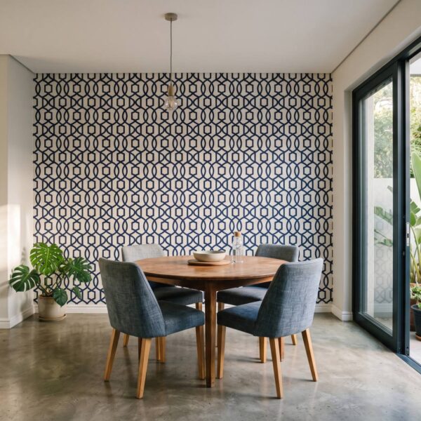 Pizazz Trellis Navy shown in a dining room