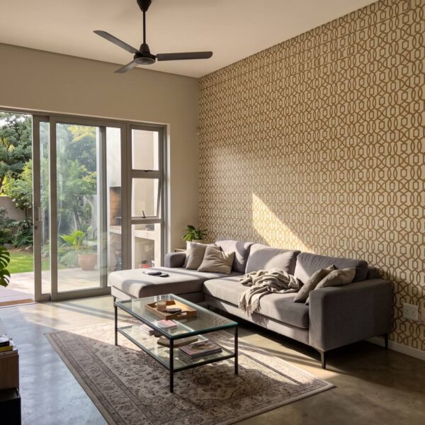 Pizazz Trellis Ochre shown in a living room