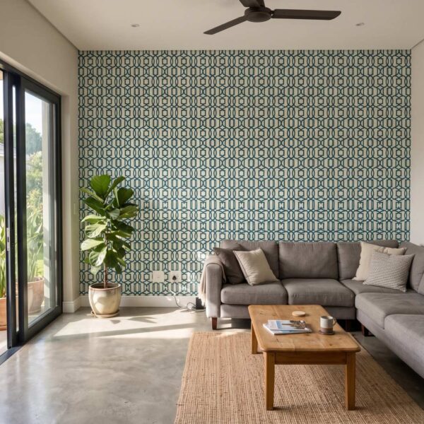 Pizazz Trellis Teal shown in a living room