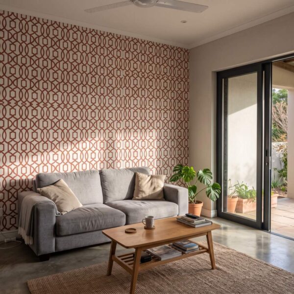 Pizazz Trellis Terracotta shown in a living room