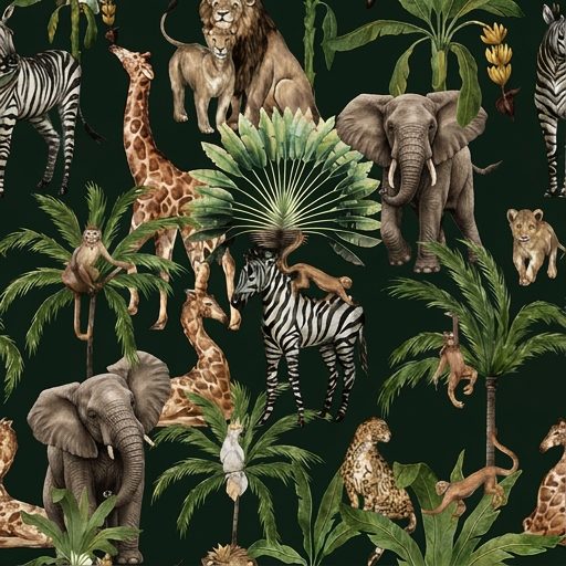 Dark Jungle Safari, jungle animals in dark green, brown and ivory wallpaper - Wallpaper Online Canada