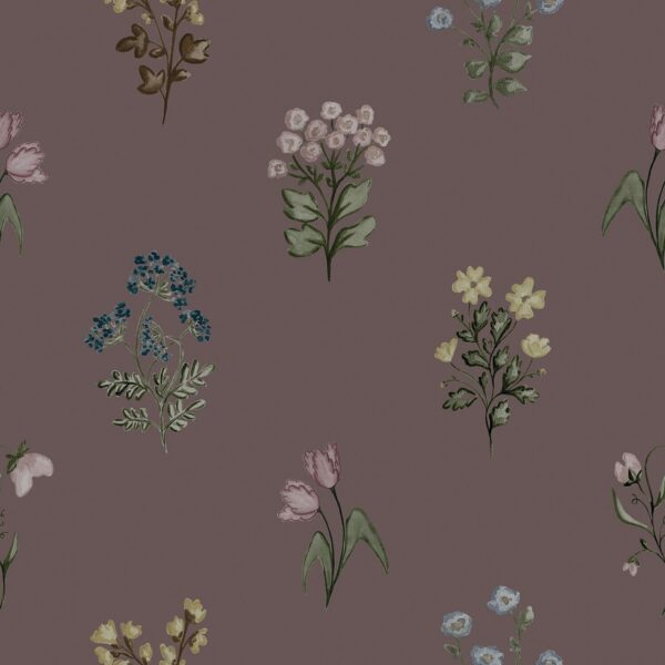 Florals in Burgundy, floral sprigs in burgundy, green and pink wallpaper - Wallpaper Online Canada
