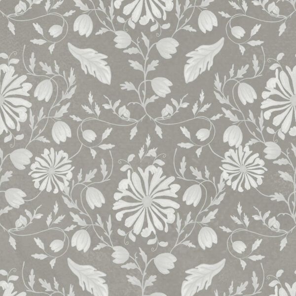 Florence Florals in Brown Stone, floral damask in grey and white wallpaper - Wallpaper Online Canada