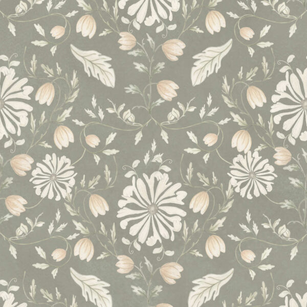 Florence Florals in Sage Green, large floral scroll in sage green, ivory and tan wallpaper - Wallpaper Online Canada
