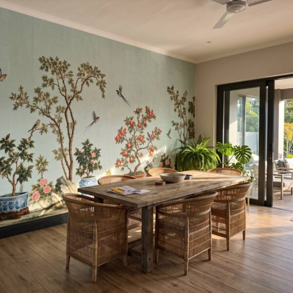 Scholars Garden Chinoiserie Duck Egg shown in a living room