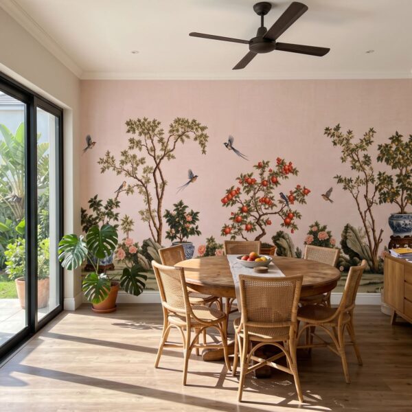 Scholars Garden Chinoiserie Blush shown in a living room