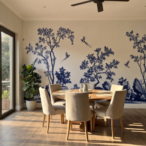 Scholars Garden Chinoiserie Delft shown in a living room