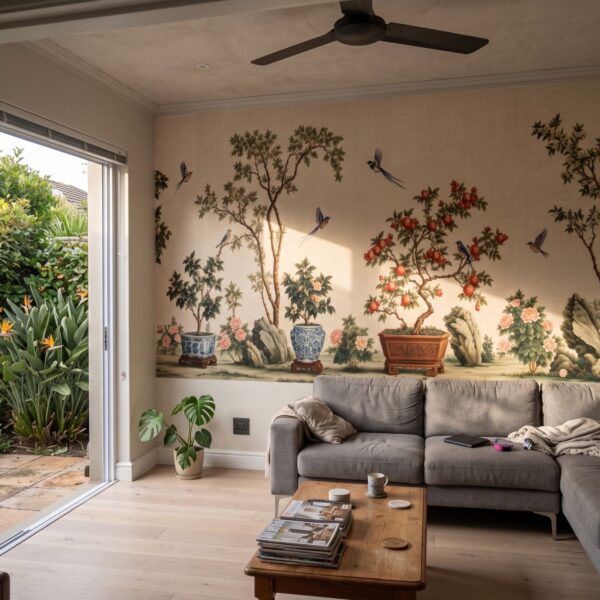 Scholars Garden Chinoiserie Antique shown in a living room