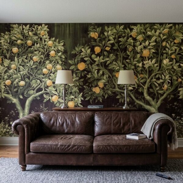 Orchard Tapestry Oxblood shown in a living room