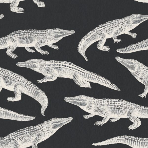 Monochrome Crocodile Shoal, crocodile in charcoal, cream, black wallpaper - Wallpaper Online Canada