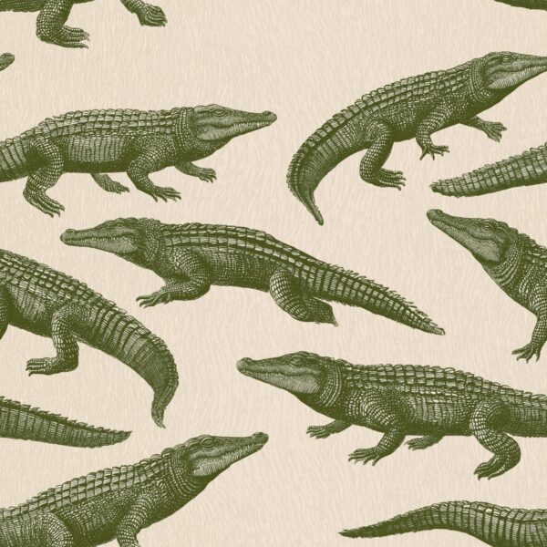 Olive Crocodile Parade, crocodiles in olive green and cream wallpaper - Wallpaper Online Canada