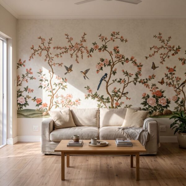 Spring Hillside Chinoiserie Mural Ivory shown in a living room