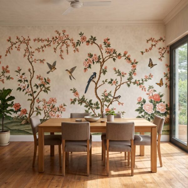 Spring Hillside Chinoiserie Mural Ivory shown in a living room