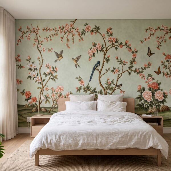 Spring Hillside Chinoiserie Mural Celadon shown in a bedroom