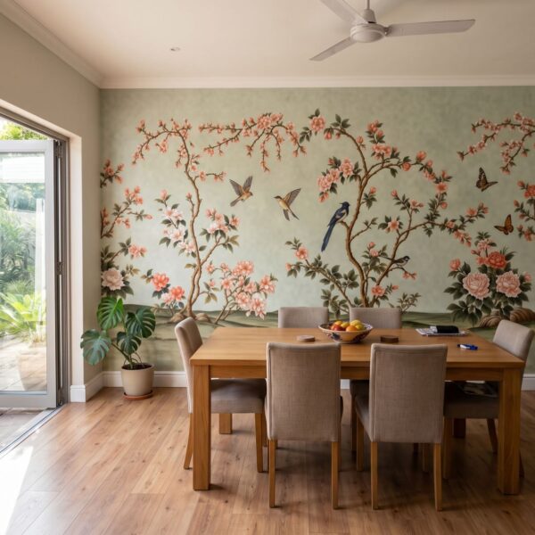 Spring Hillside Chinoiserie Mural Celadon shown in a living room