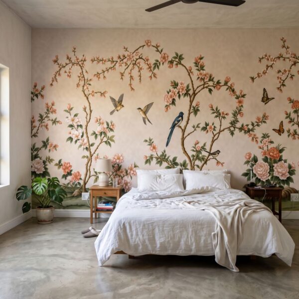 Spring Hillside Chinoiserie Mural Blush shown in a bedroom