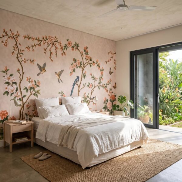 Spring Hillside Chinoiserie Mural Blush shown in a living room