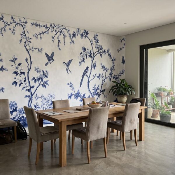 Spring Hillside Chinoiserie Mural Delft shown in a dining room