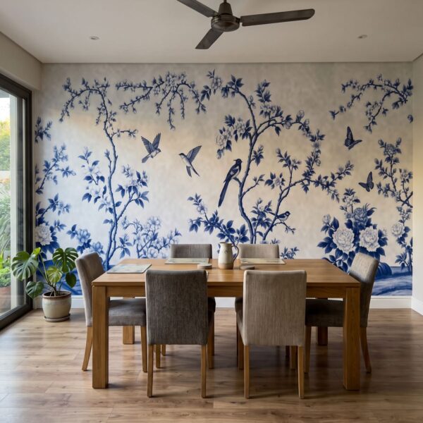 Spring Hillside Chinoiserie Mural Delft shown in a living room