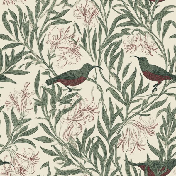 Sugarbird Parchment, birds in olive green and oxblood wallpaper - Wallpaper Online Canada
