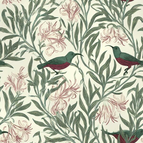Sugarbird Engraved, bird in green and maroon wallpaper - Wallpaper Online Canada