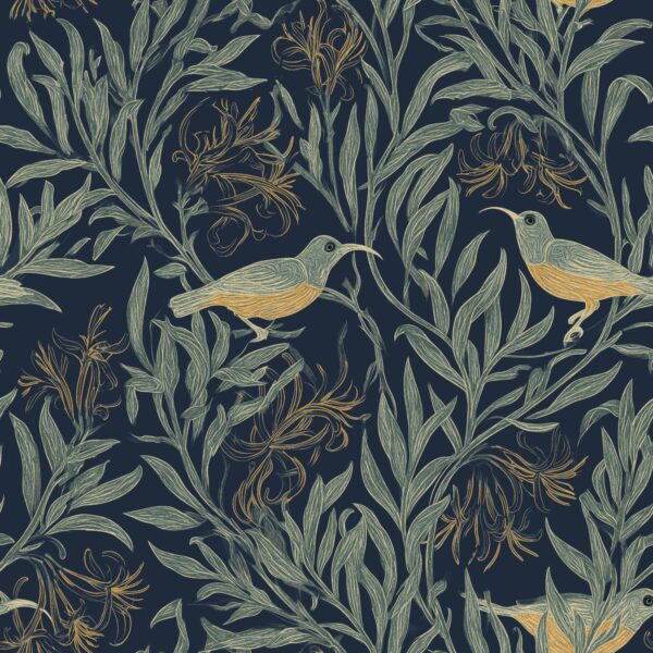 Sugarbird Ink, bird in navy, sage green and mustard wallpaper - Wallpaper Online Canada