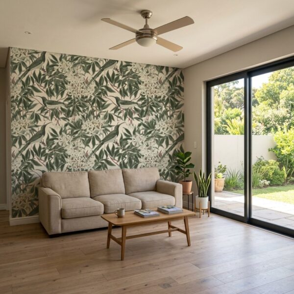 Sunbird Bower Parchment shown in a living room