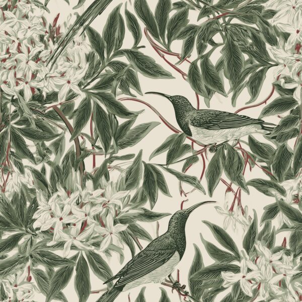 Sunbird Bower Parchment, birds in sage green and burgundy wallpaper - Wallpaper Online Canada