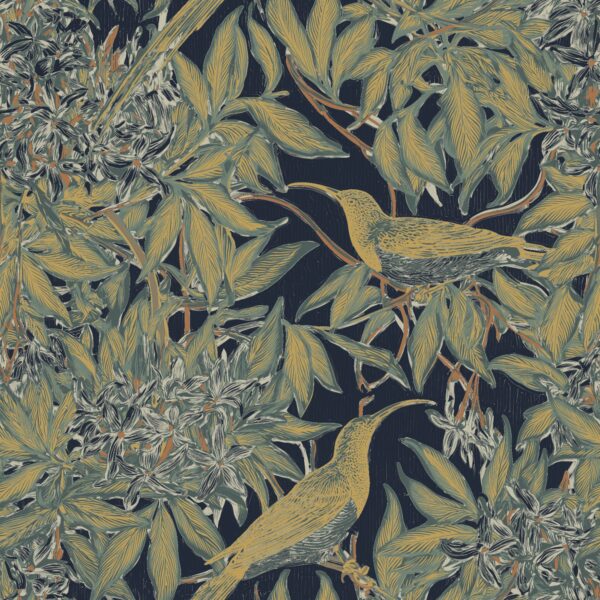 Sunbird Bower Ink, sunbirds in navy, mustard, sage and off-white wallpaper - Wallpaper Online Canada