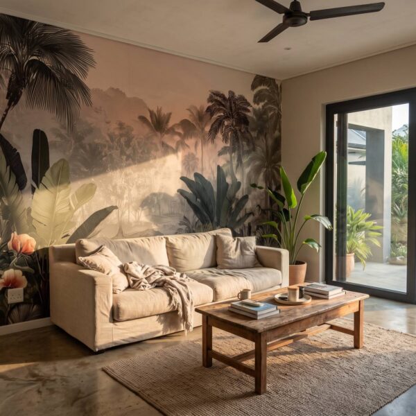 Tropical Dusk Mural shown in a living room
