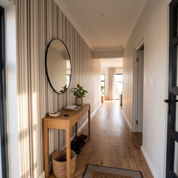 Uneven Stripe Stone Linen shown in a hallway