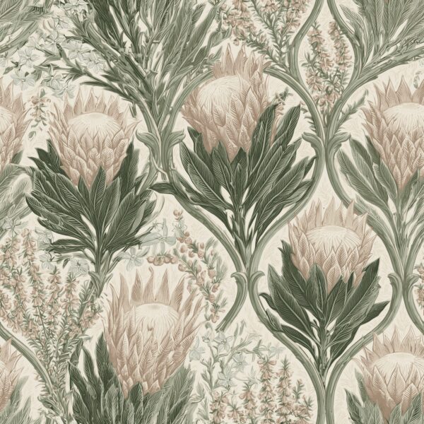 Veld Garden Parchment, protea floral in green and dusty pink wallpaper - Wallpaper Online Canada