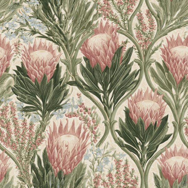 Veld Garden Fynbos, protea and fynbos florals in dusty pink and dark green wallpaper - Wallpaper Online Canada