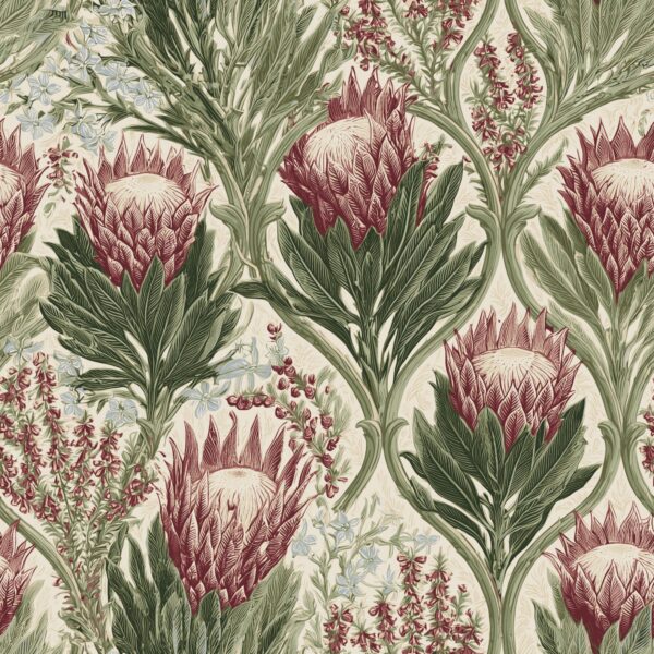 Veld Garden Oxblood, protea floral in oxblood red, bottle green, sage green and cream wallpaper - Wallpaper Online Canada