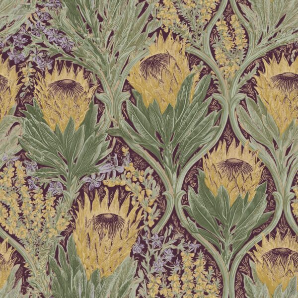 Veld Garden Dusk, protea and wildflower pattern in plum, gold and sage green wallpaper - Wallpaper Online Canada