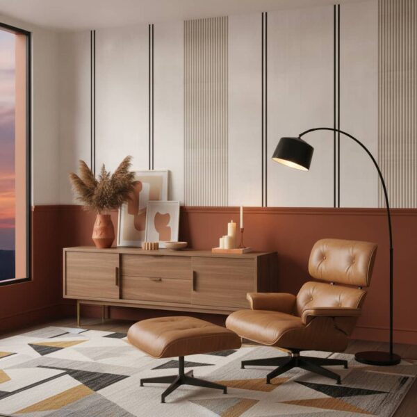 Beige Black Stripes Linen Look wallpaper in a Mid-Century Modern room